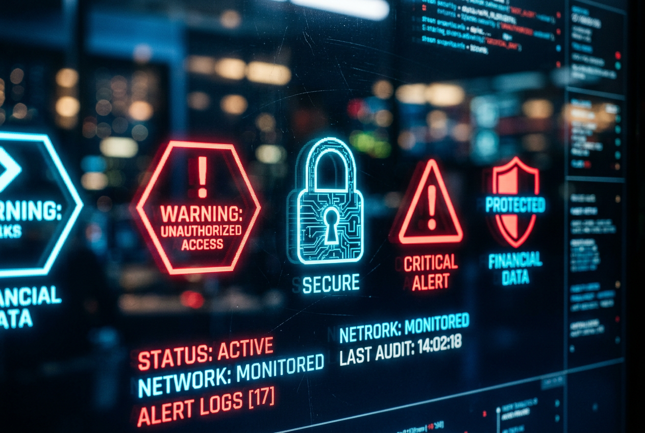 High-tech cybersecurity warning icons and digital locks.