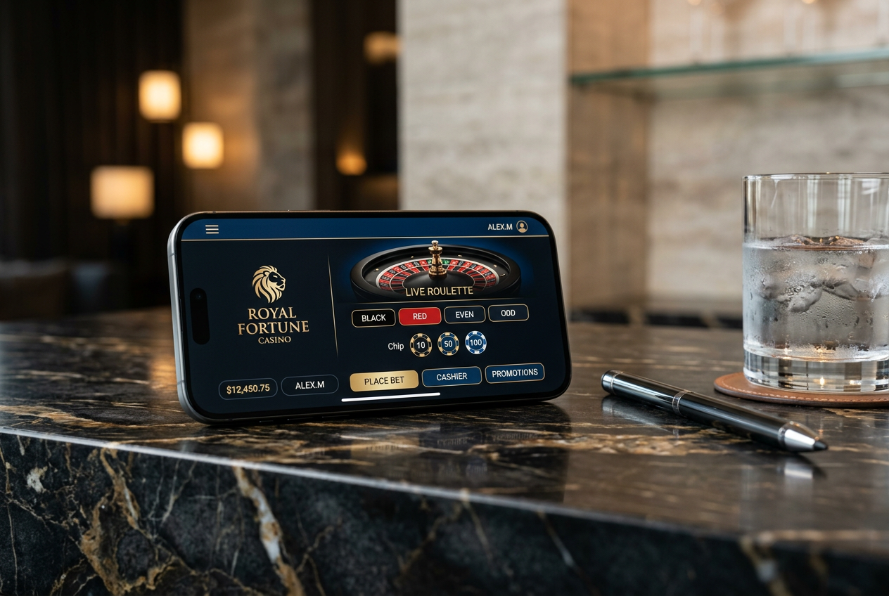 A high-end smartphone displaying a professional online casino interface on a clean surface.