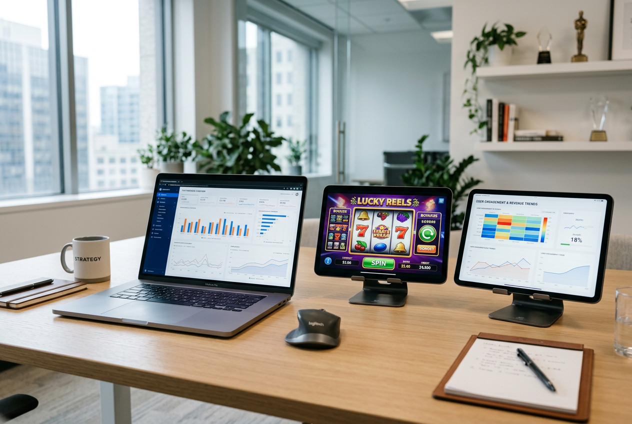A professional analytical workspace with a laptop and digital tablets showing casino data charts.