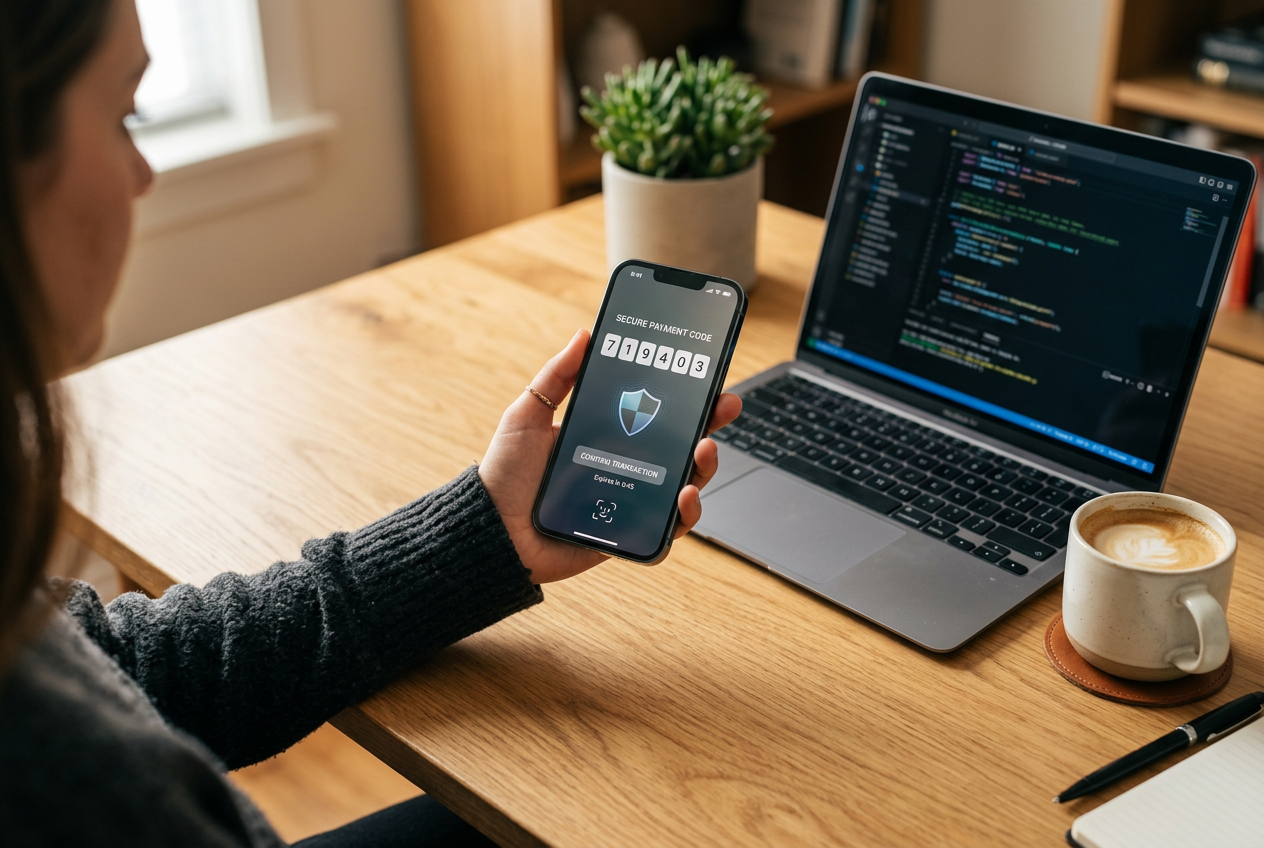 Smartfon z aplikacją bankową wyświetlający kod BLIK obok kart płatniczych i laptopa.