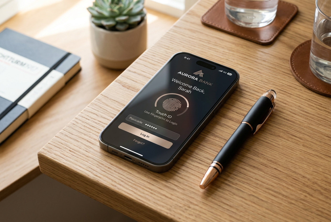 A smartphone on a desk showing a secure banking application interface.